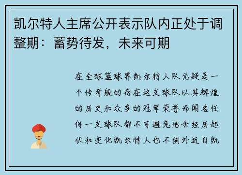 凯尔特人主席公开表示队内正处于调整期：蓄势待发，未来可期